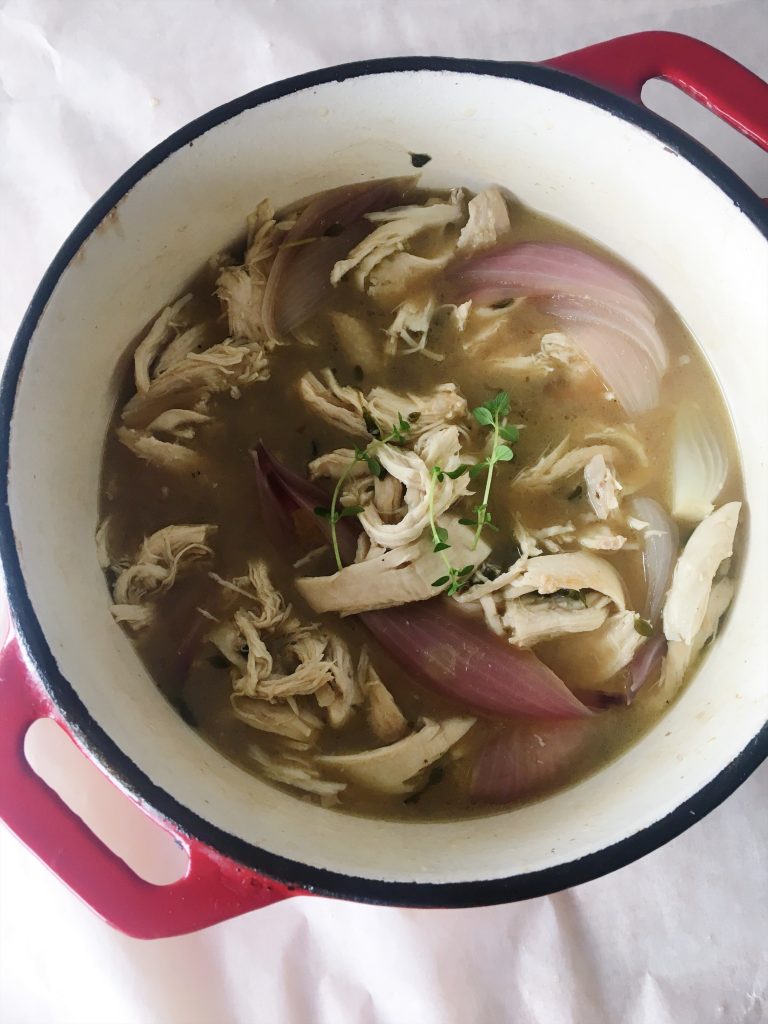 completed chicken miso soup recipe after the chicken has been shredded
