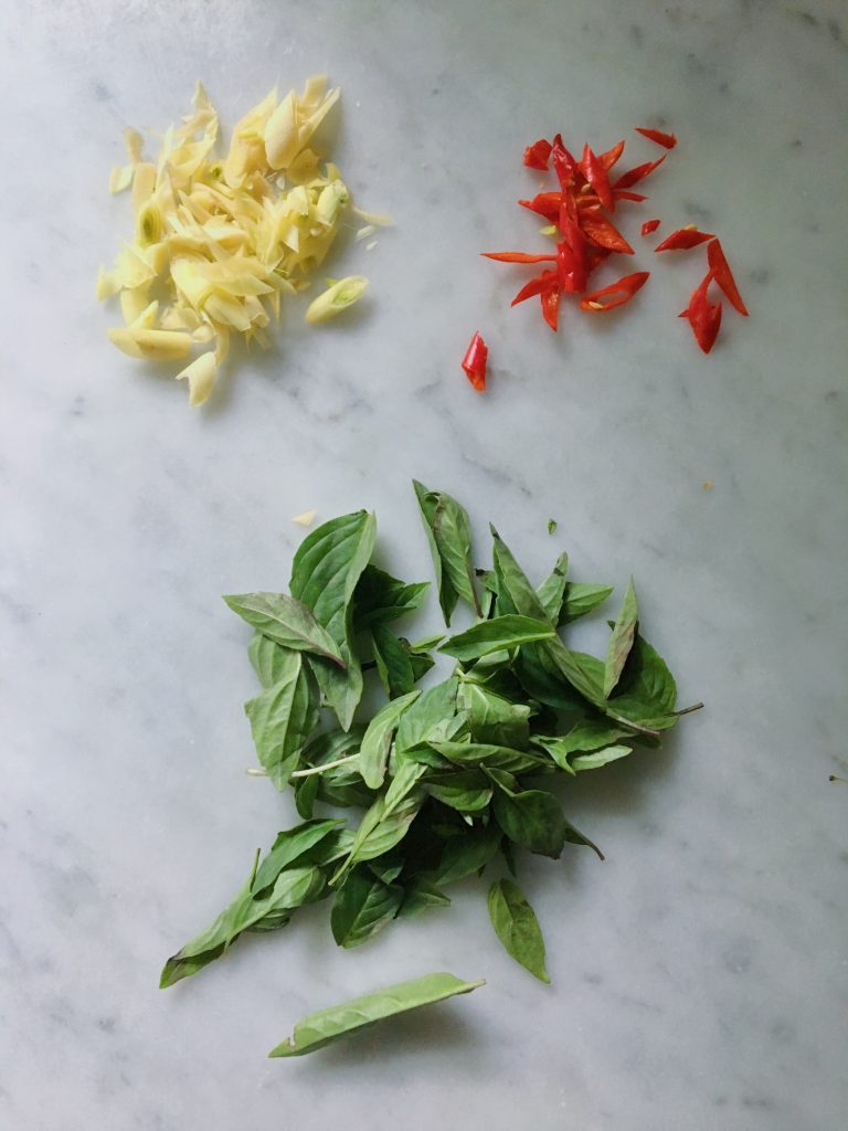 Cinnamon basil, chilies and minced garlic, ginger and lemongrass for Easy shrimp recipes: Spicy Lemongrass Shrimp