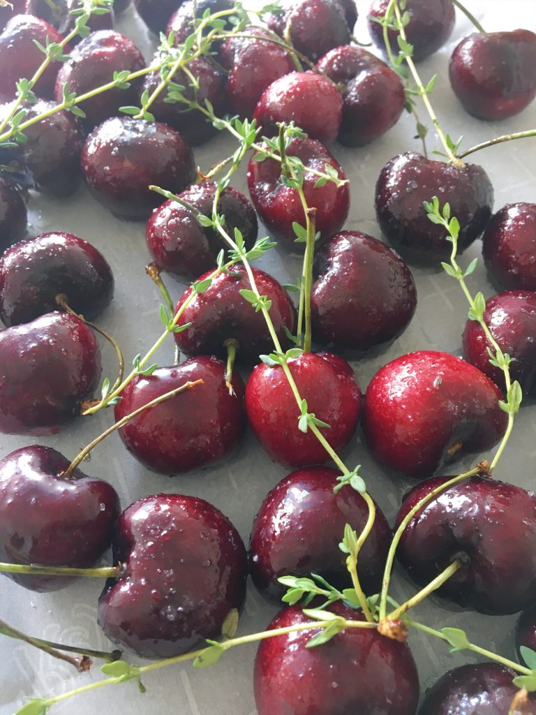 roasting cherries and thyme for a sauce for turkey meatballs