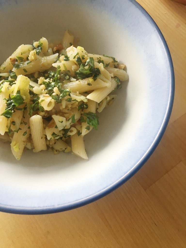 Walnut Gremolata tossed with freshly cooked pasta