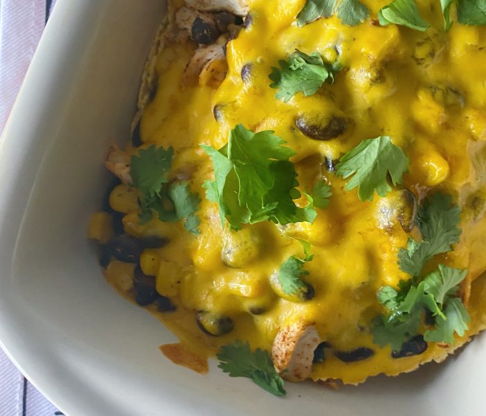 Enchilada Bake with Dairy Free Cheese Sauce
